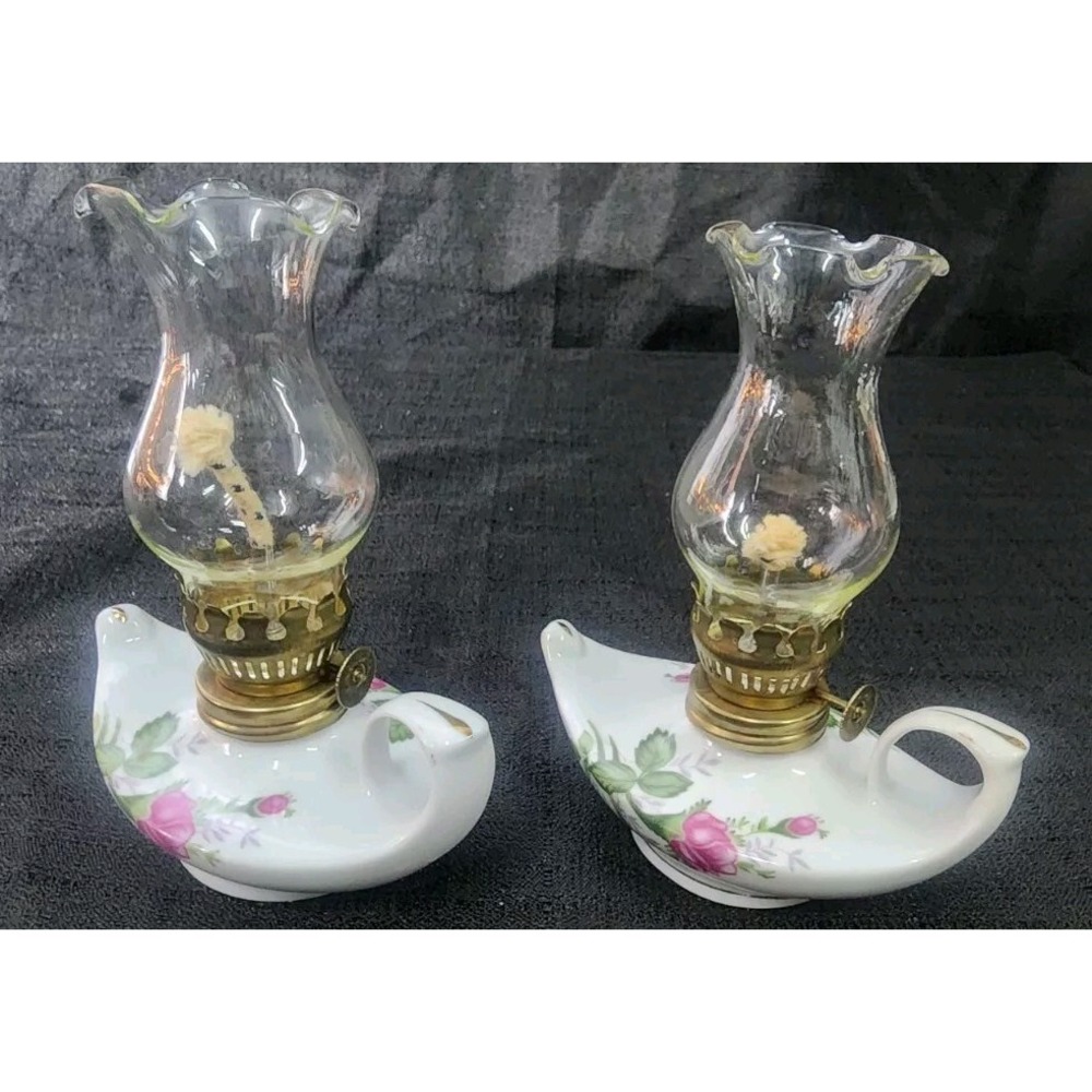2 Vintage Miniature Aladin Oil Lamp White Porcelain Pink Rose NEW OLD STOCK 80s